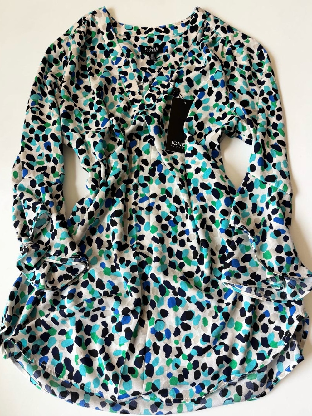 Abstract Confetti Blouse Y2K Aqua Navy Bell Sleeves NWT Vintage S